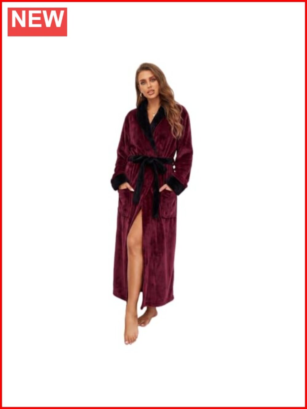 Womens Plush Flannel Fleece Long Robe Warm Bathrobe Pockets Shawl Collar